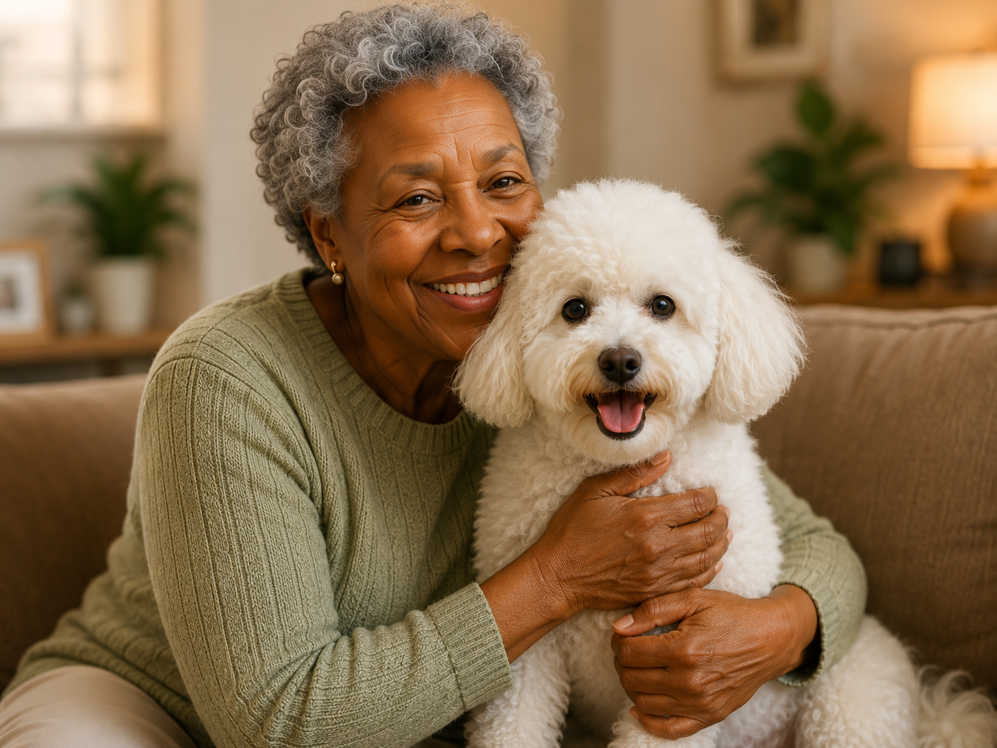 Smiling woman hugging her Bichon Frise