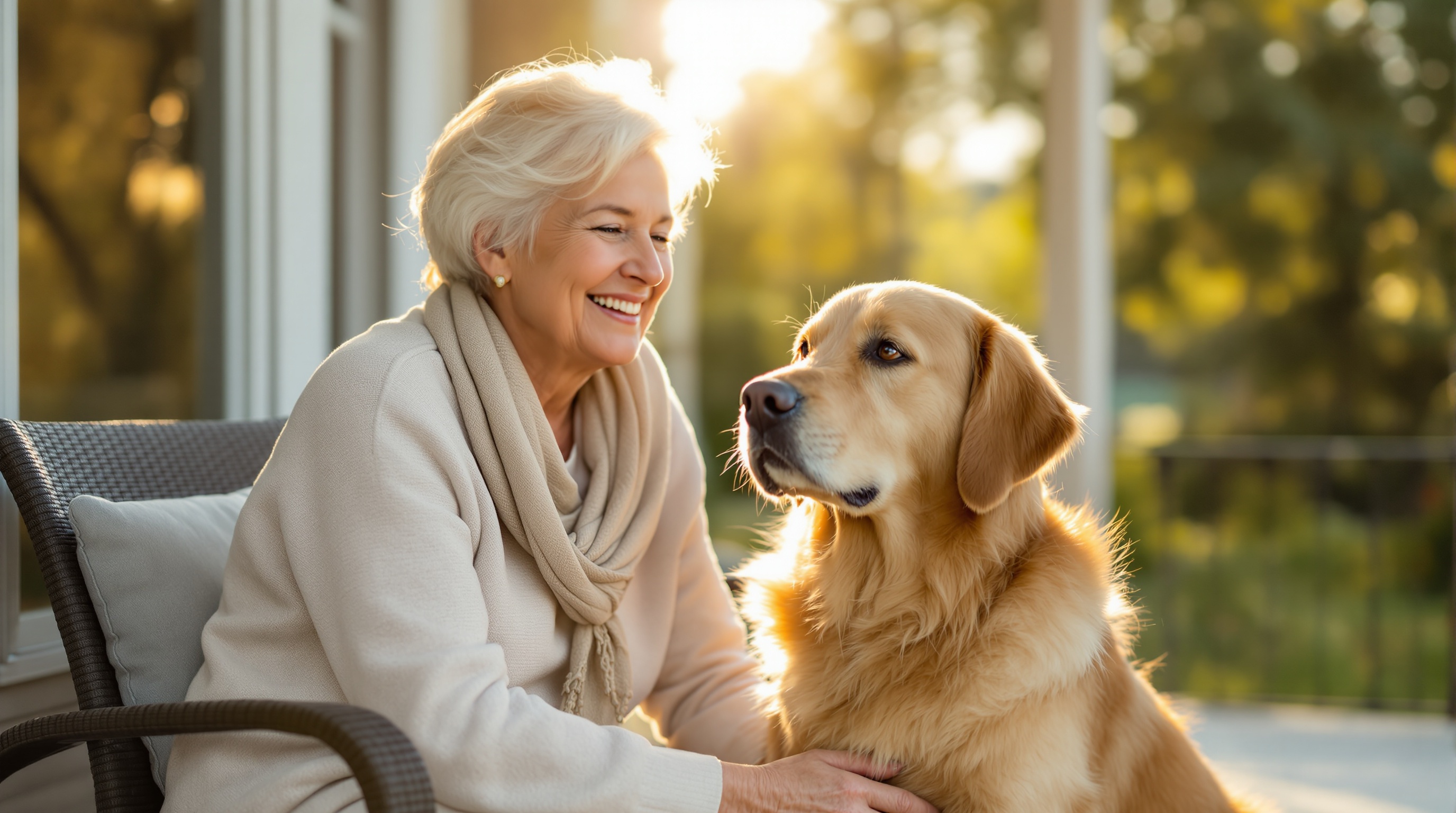 Margaret with her golden retriever in warm afternoon light