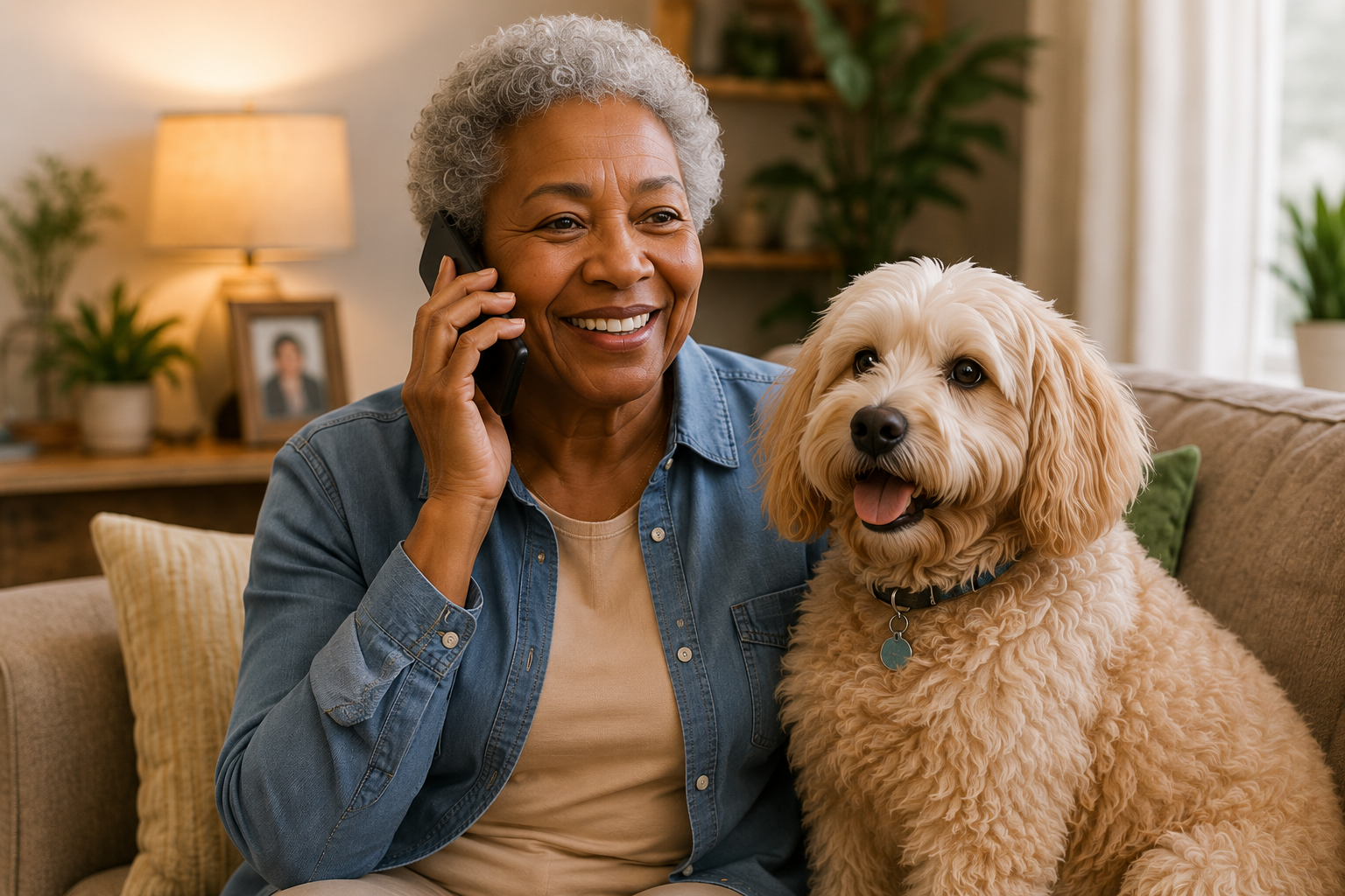 Smiling woman on the phone with her dog beside her