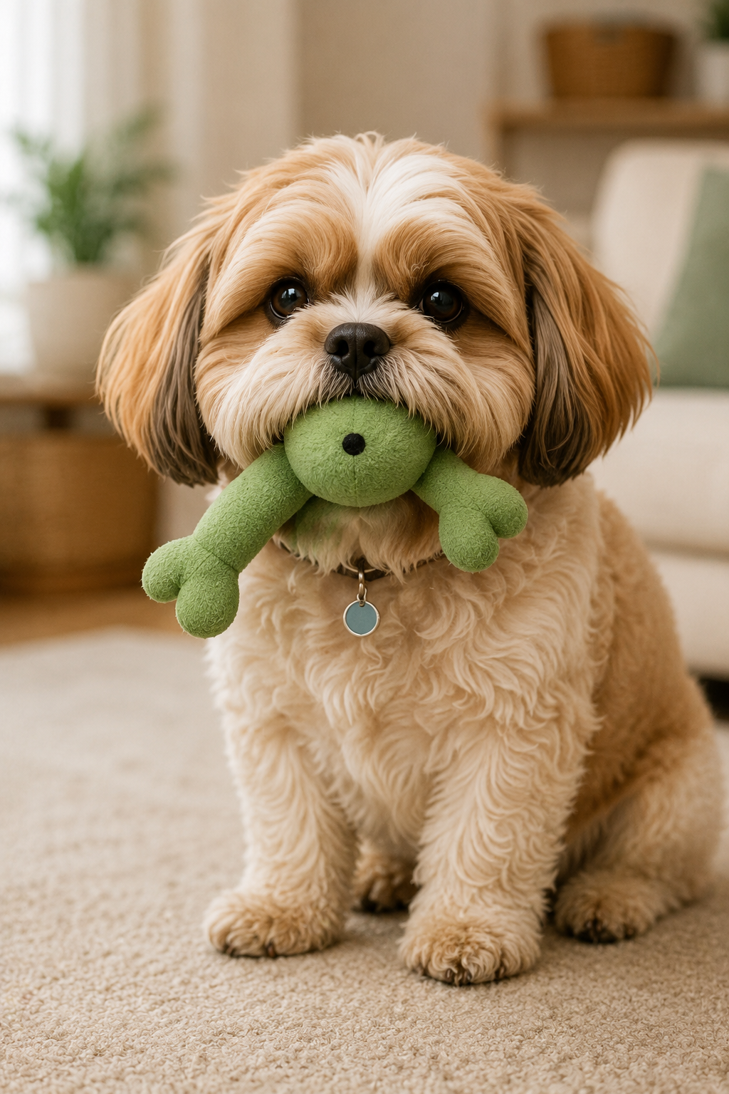 Dog holding a favorite green toy