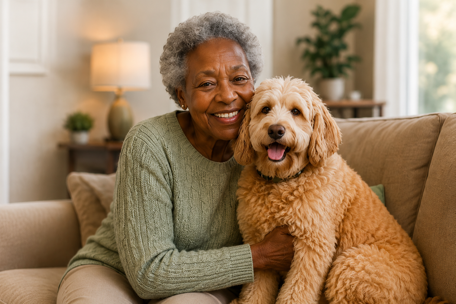 Smiling woman sitting with her dog on a couch