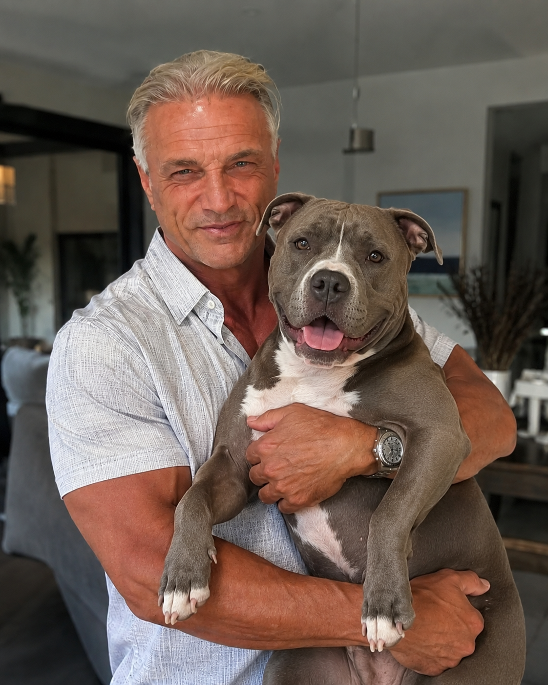 Phil Georgiou smiling with his dog