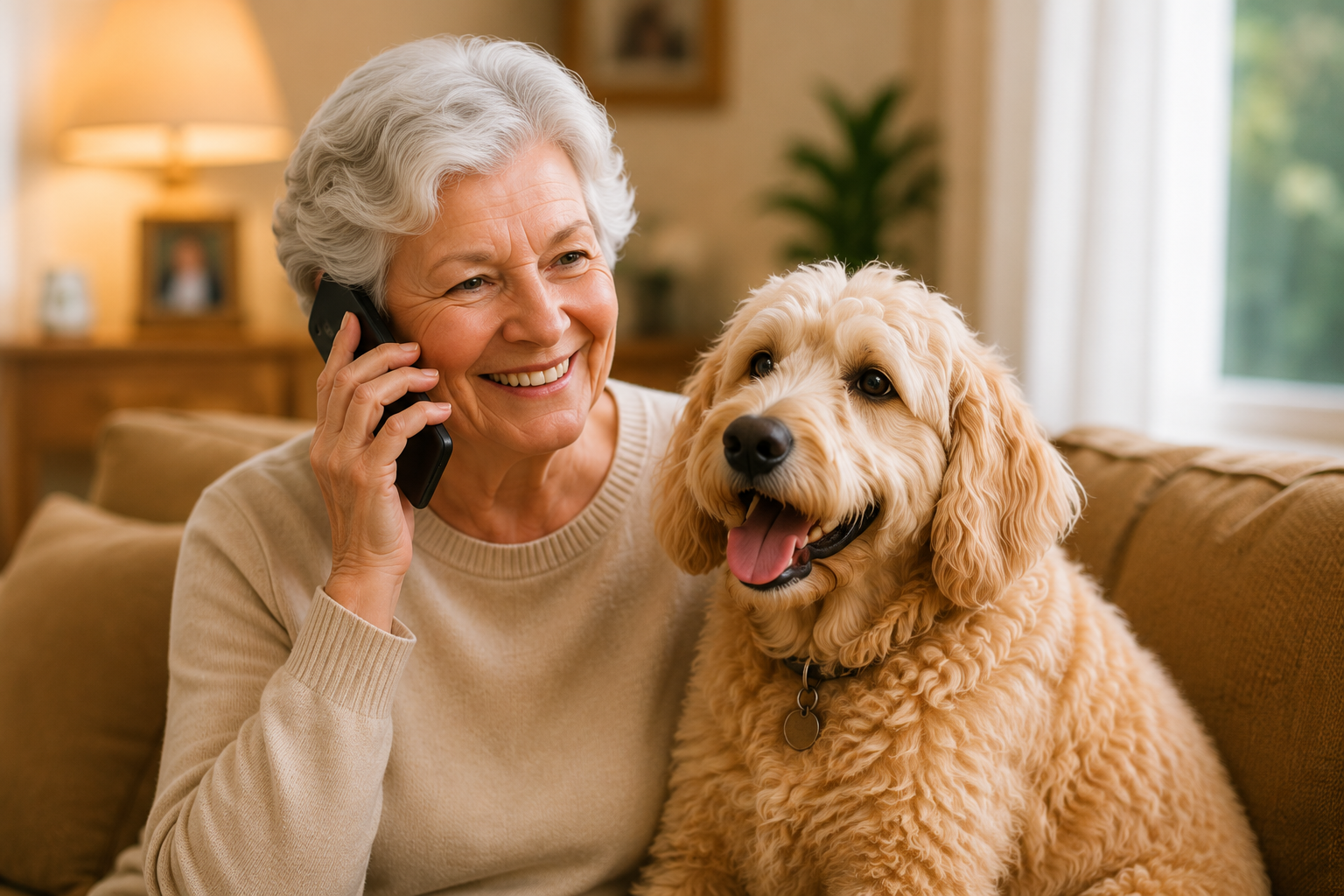 Smiling woman speaking on the phone while sitting with her dog