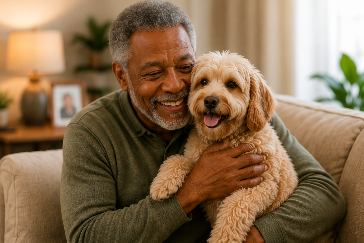 Senior man smiling while holding his dog